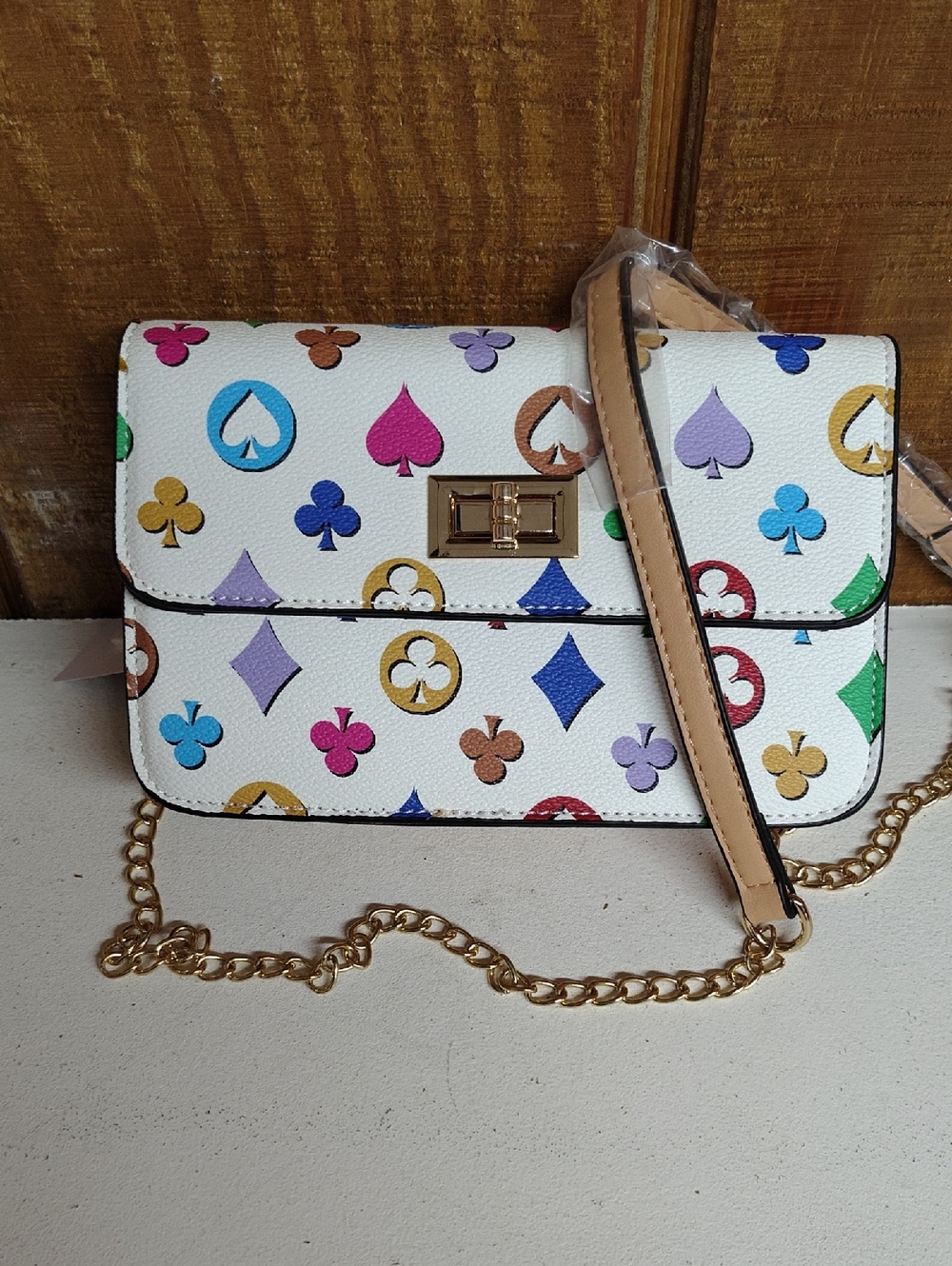 PurseN White Multicolor Motif Crossbody with Gold Chain